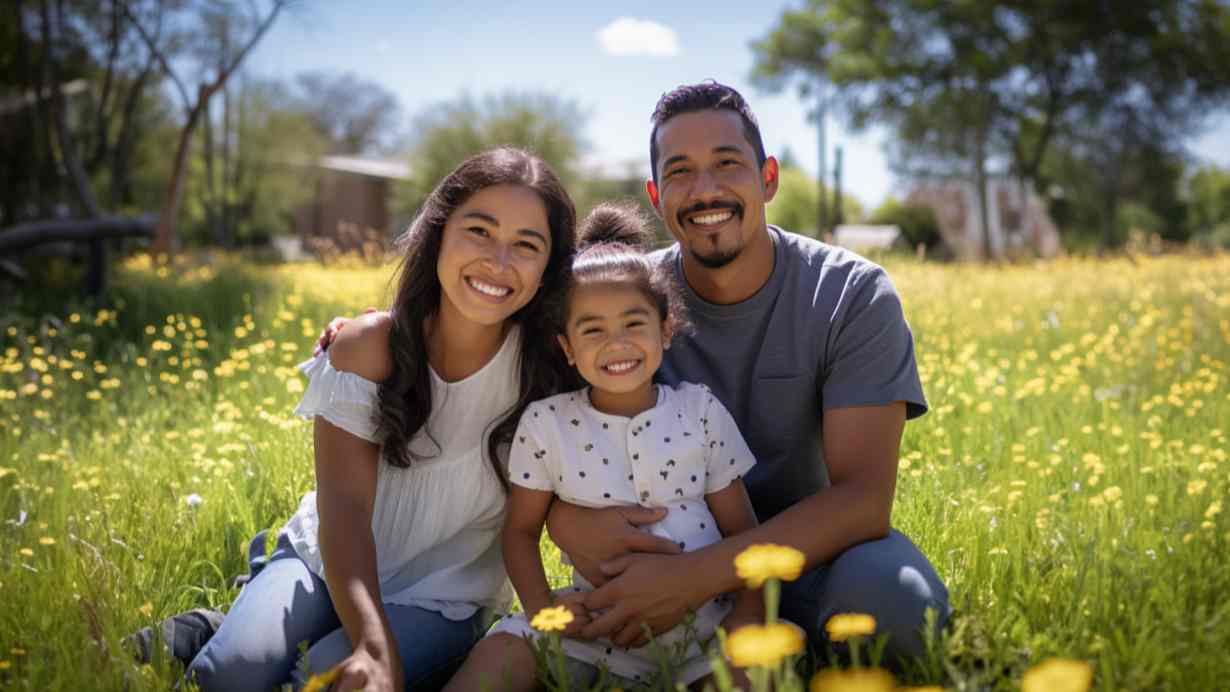 Happy family take picture on the flower filed