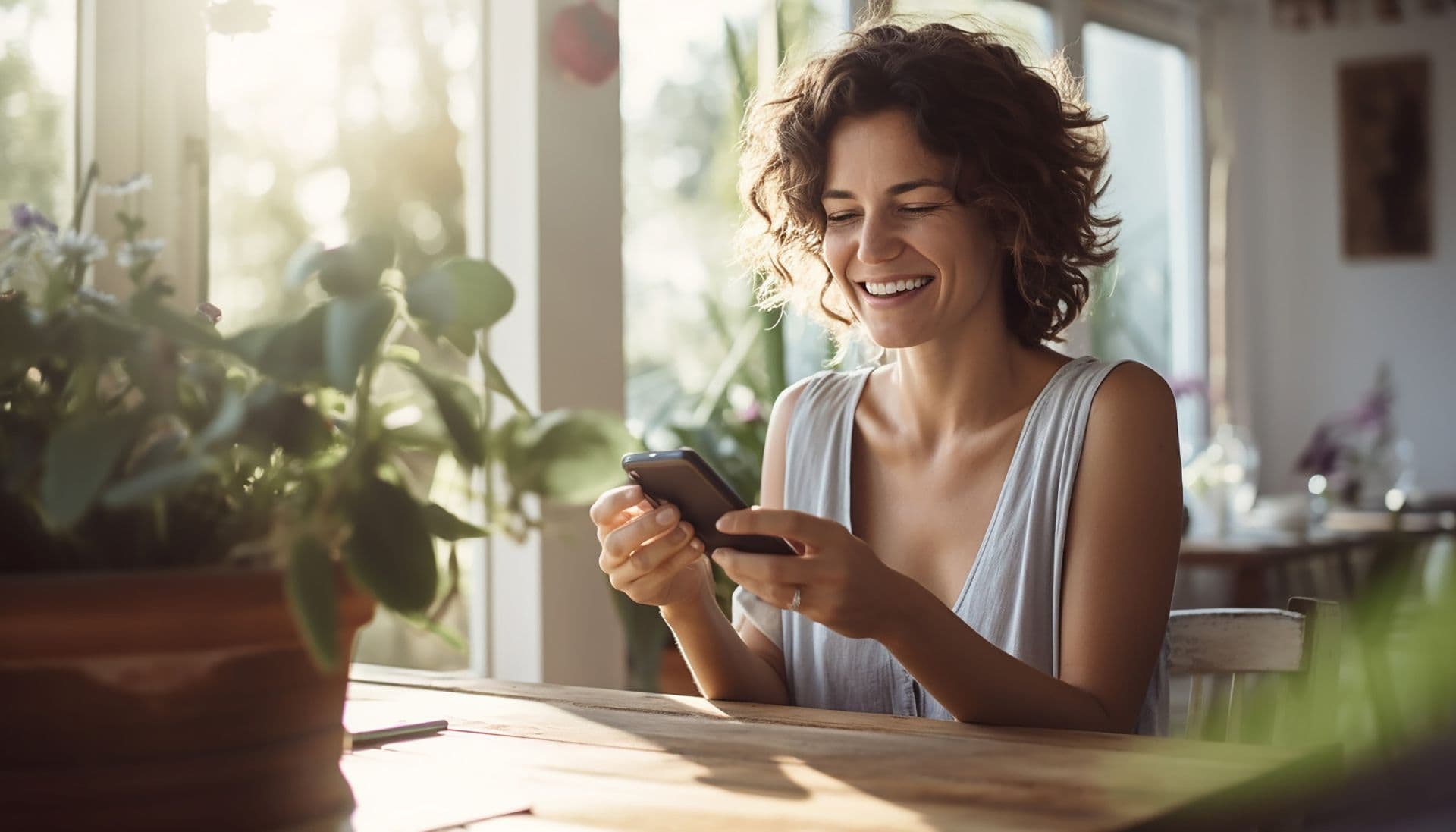 Happy girl spend her time with phone