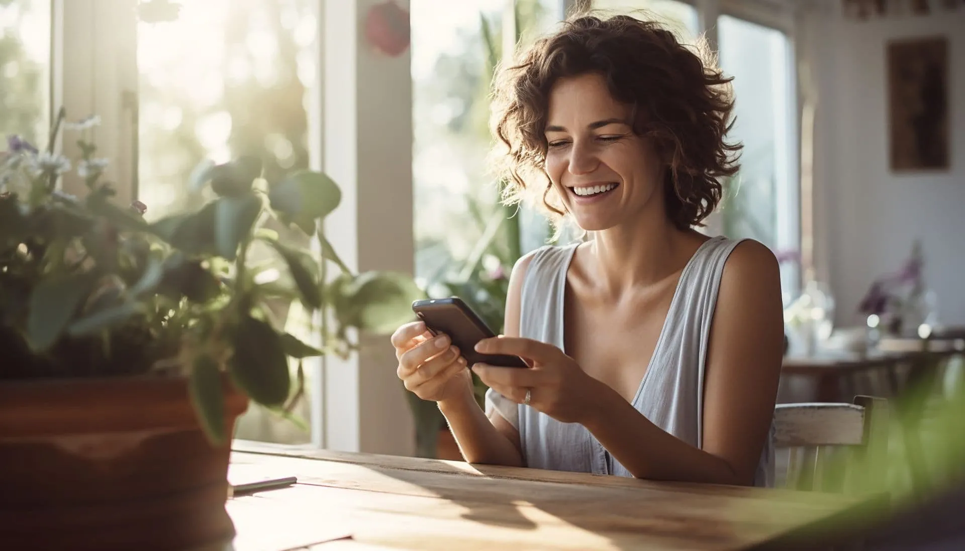 Happy girl spend her time with phone