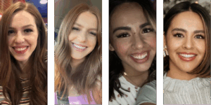 Four women smiling, showcasing diverse smiles, highlighting the positive effects of gummy smile treatment at Razz Orthodontics in Flower Mound, TX.